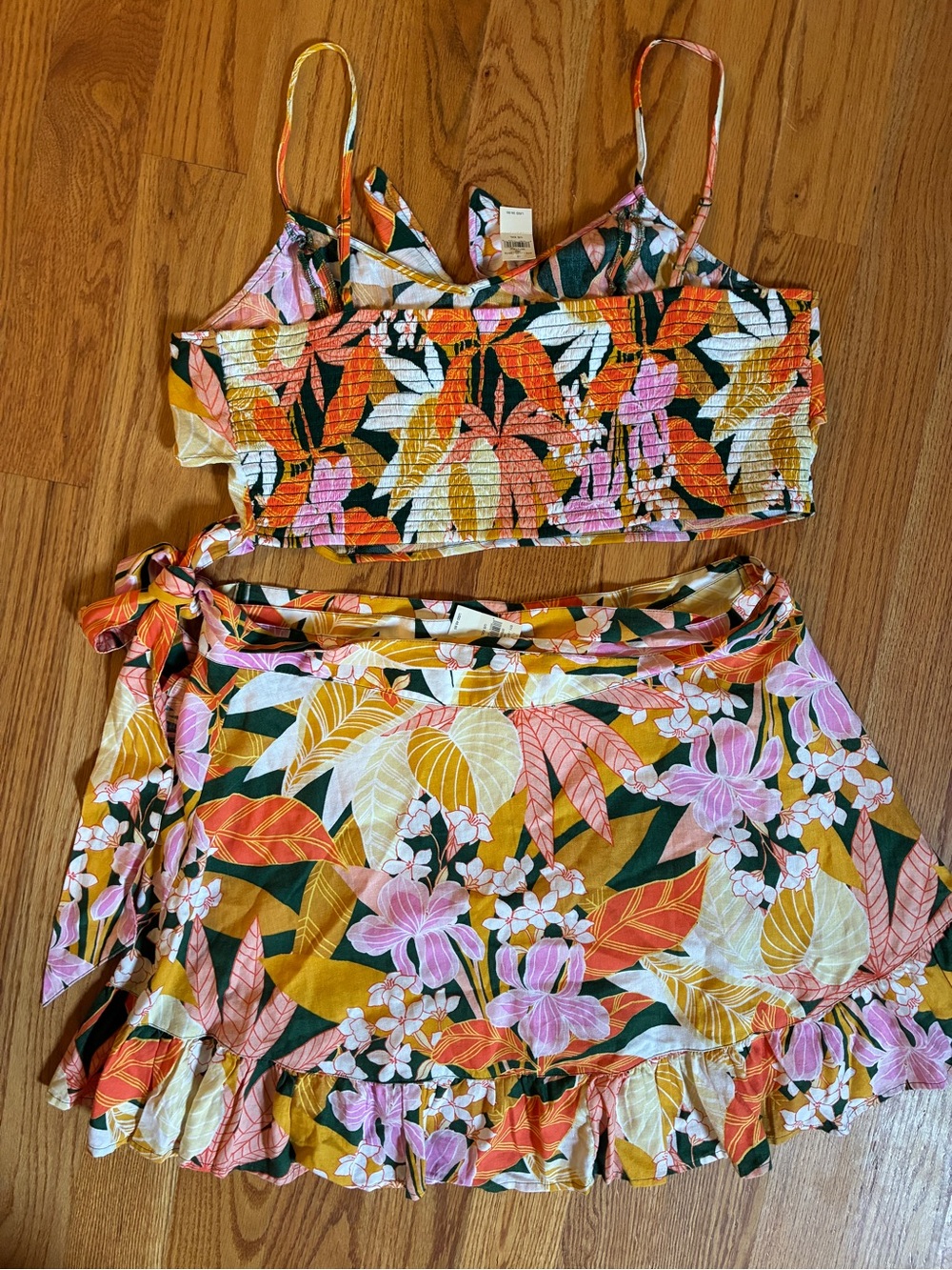 NWT Aerie Skirt & Top Set Floral Wrap Orange/Pink Size XXL Linen Blend Tropical - Picture 2 of 11